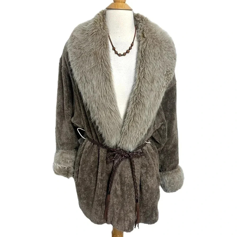 Monterey Fashions Faux Fur Coat Medium Brown Vintage Belted Shawl Collar USA